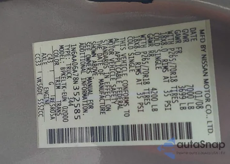 2008 Nissan Titan Le/Se/Xe z USA, uszkodzony, nr VIN 1N6AA06A78N352585